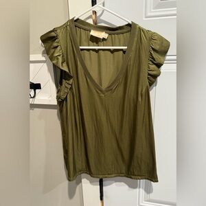 Nation Olive Green Satin Ruffle Top
